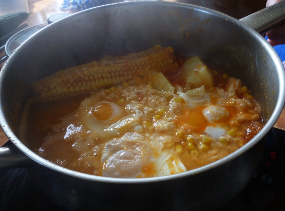 Chupe de Camarones, Peruvian Prawn Chowder with egg, corn, potato and milk